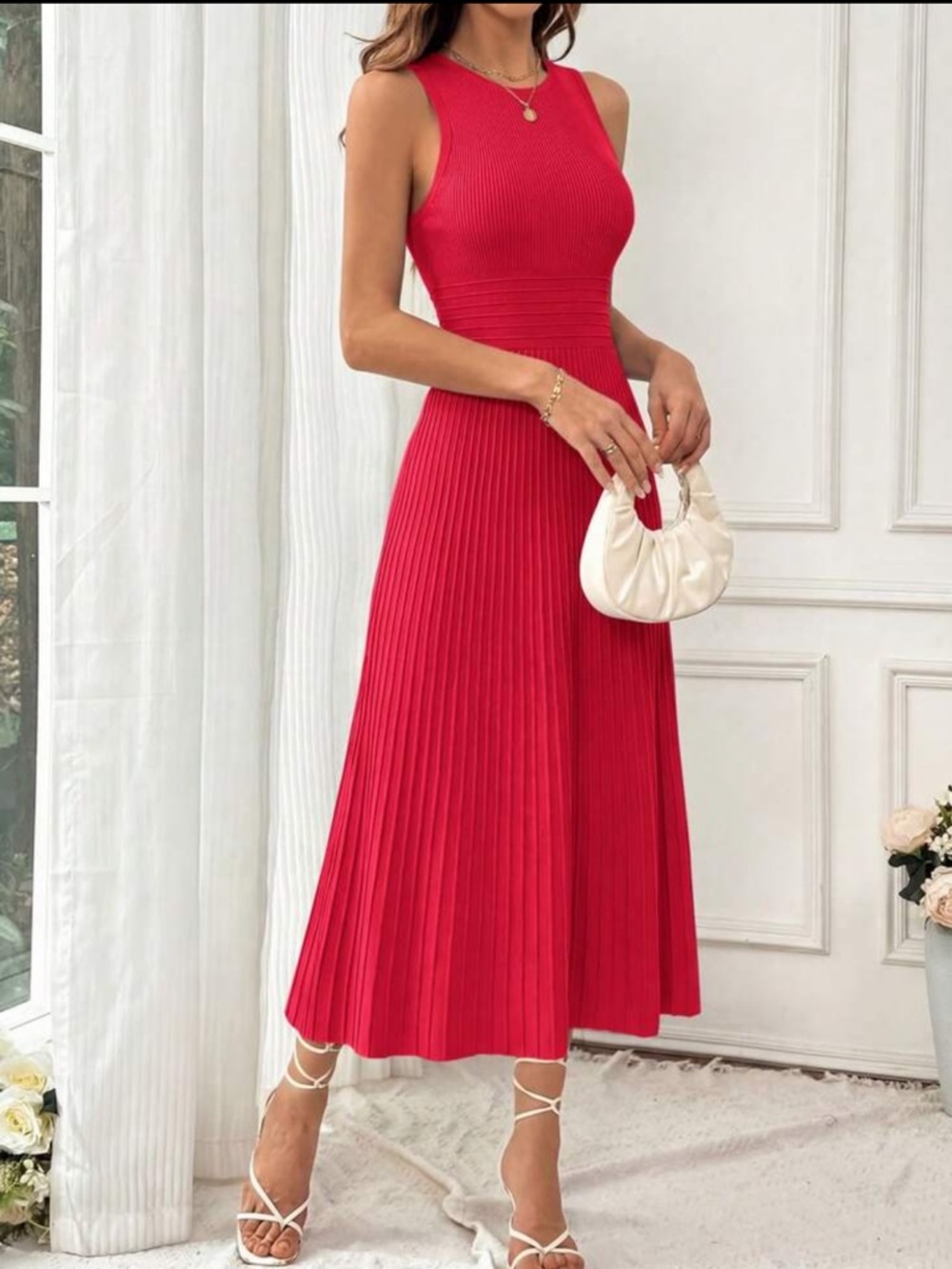 Sleeveless Pleated Midi Dress in Red